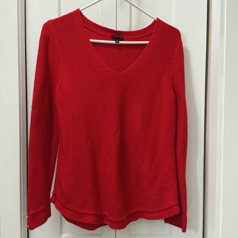 Talbots Red V Neck Sweater Womens Medium Garter Stitch Button Cuff Curved Hem